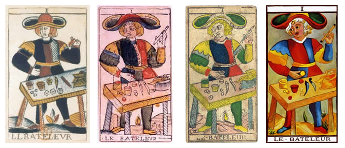 Four versions of the Marseilles Magus Trump. They are (in chronological order) the Noblet, Dodal, Conver, and a fully colored 20th century version